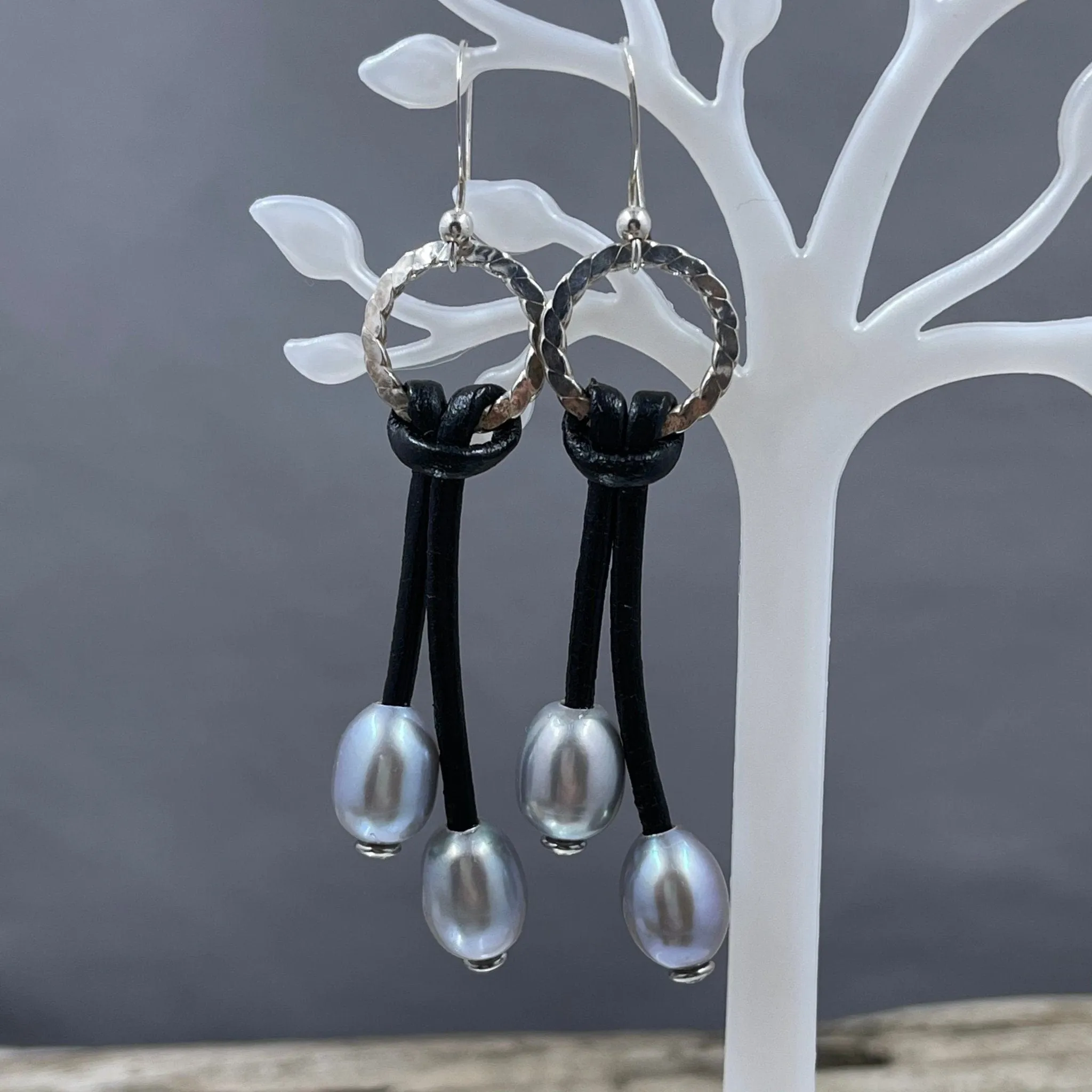 Silver Pearl and Crystal Leather Earrings