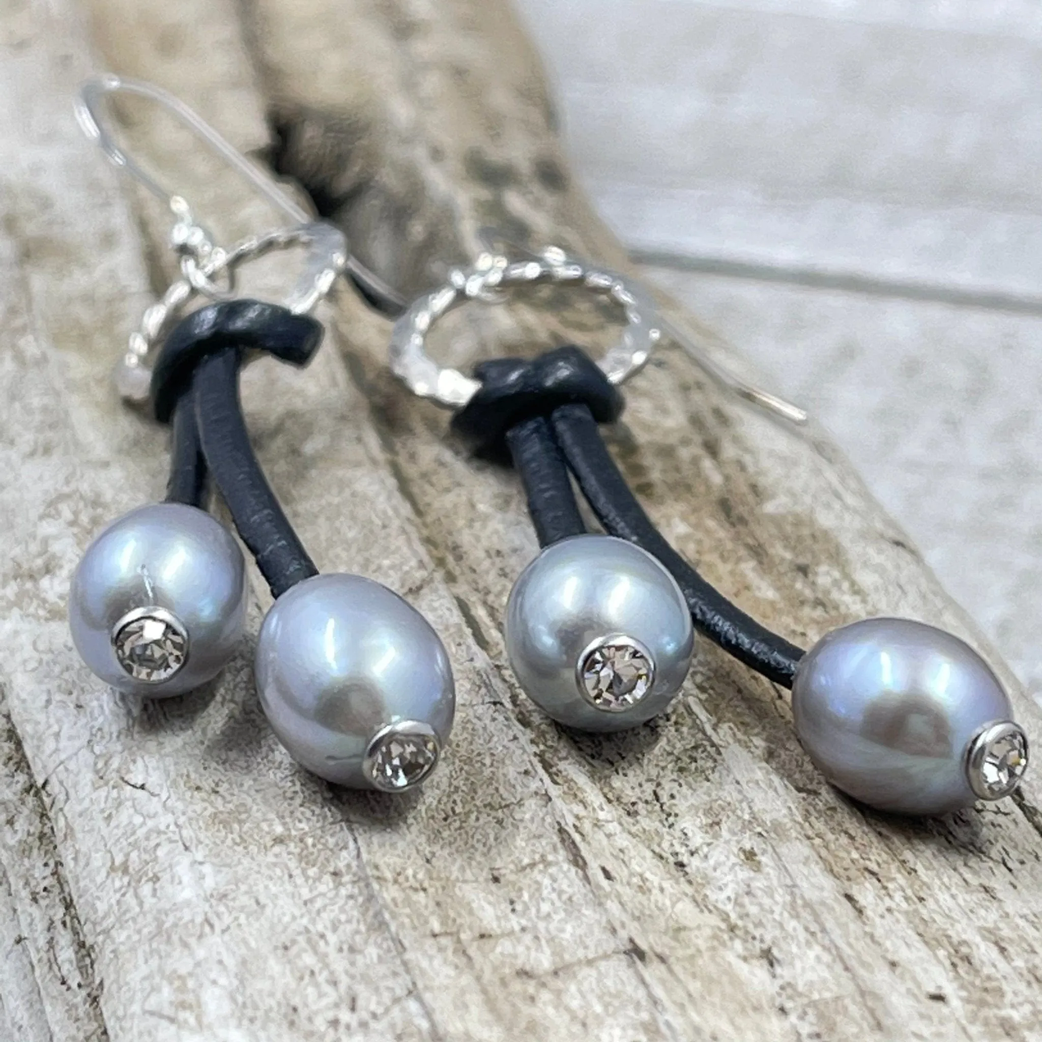 Silver Pearl and Crystal Leather Earrings