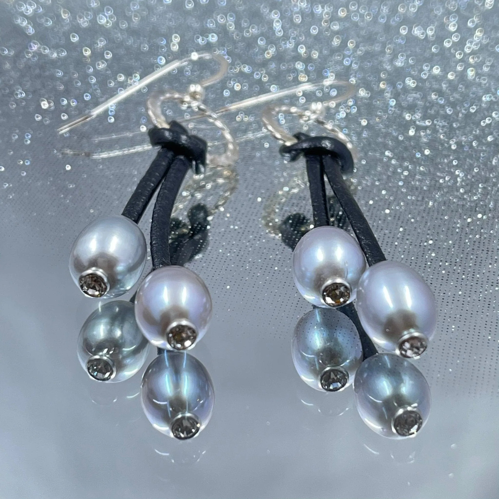 Silver Pearl and Crystal Leather Earrings