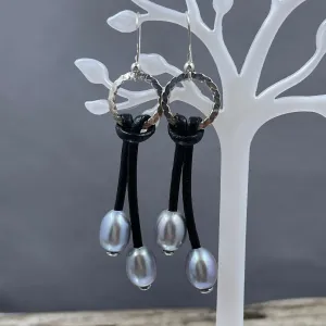 Silver Pearl and Crystal Leather Earrings