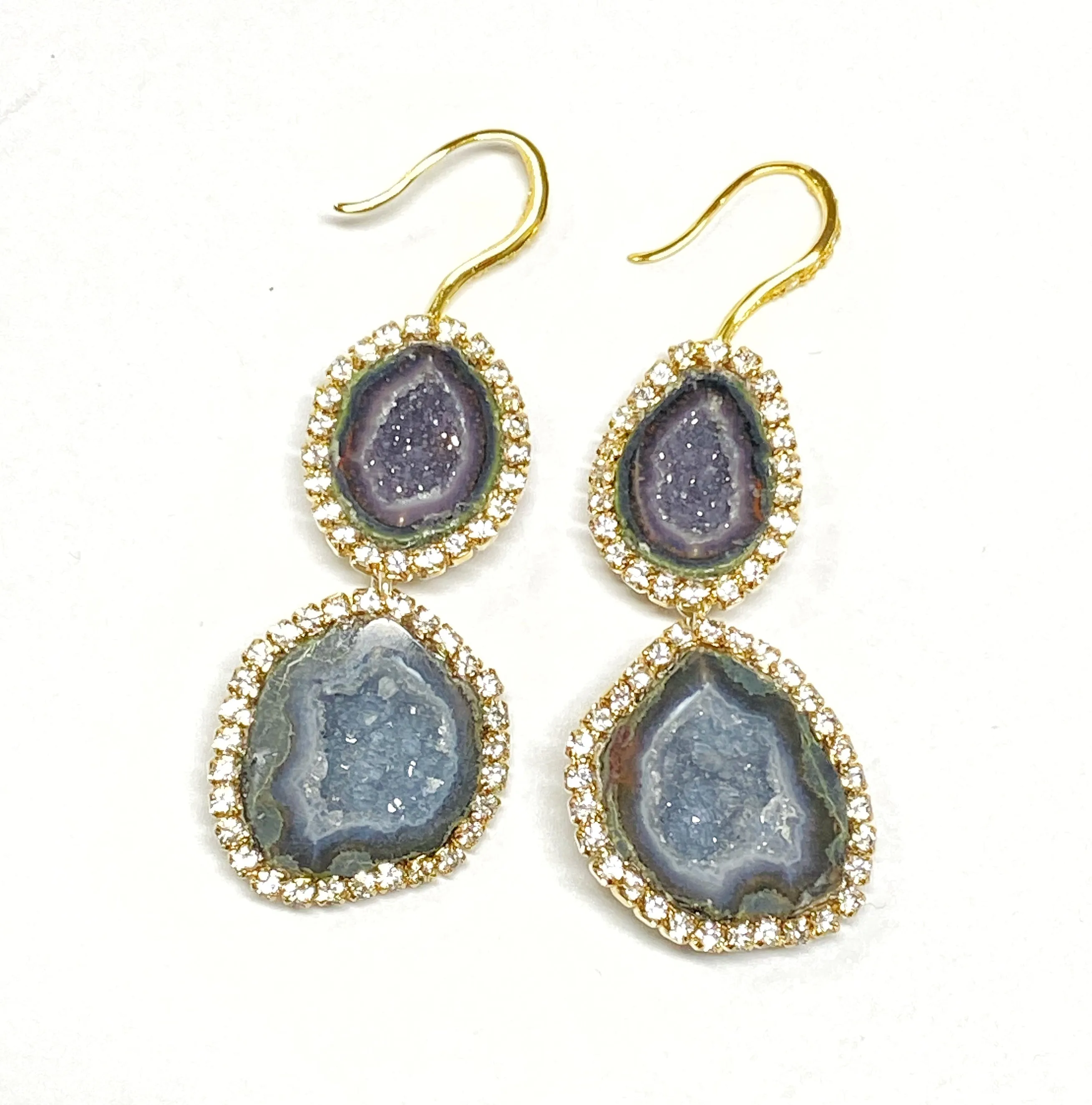 Silvery Gray Tabasco Geode Double Dangle Earrings Diamond Look