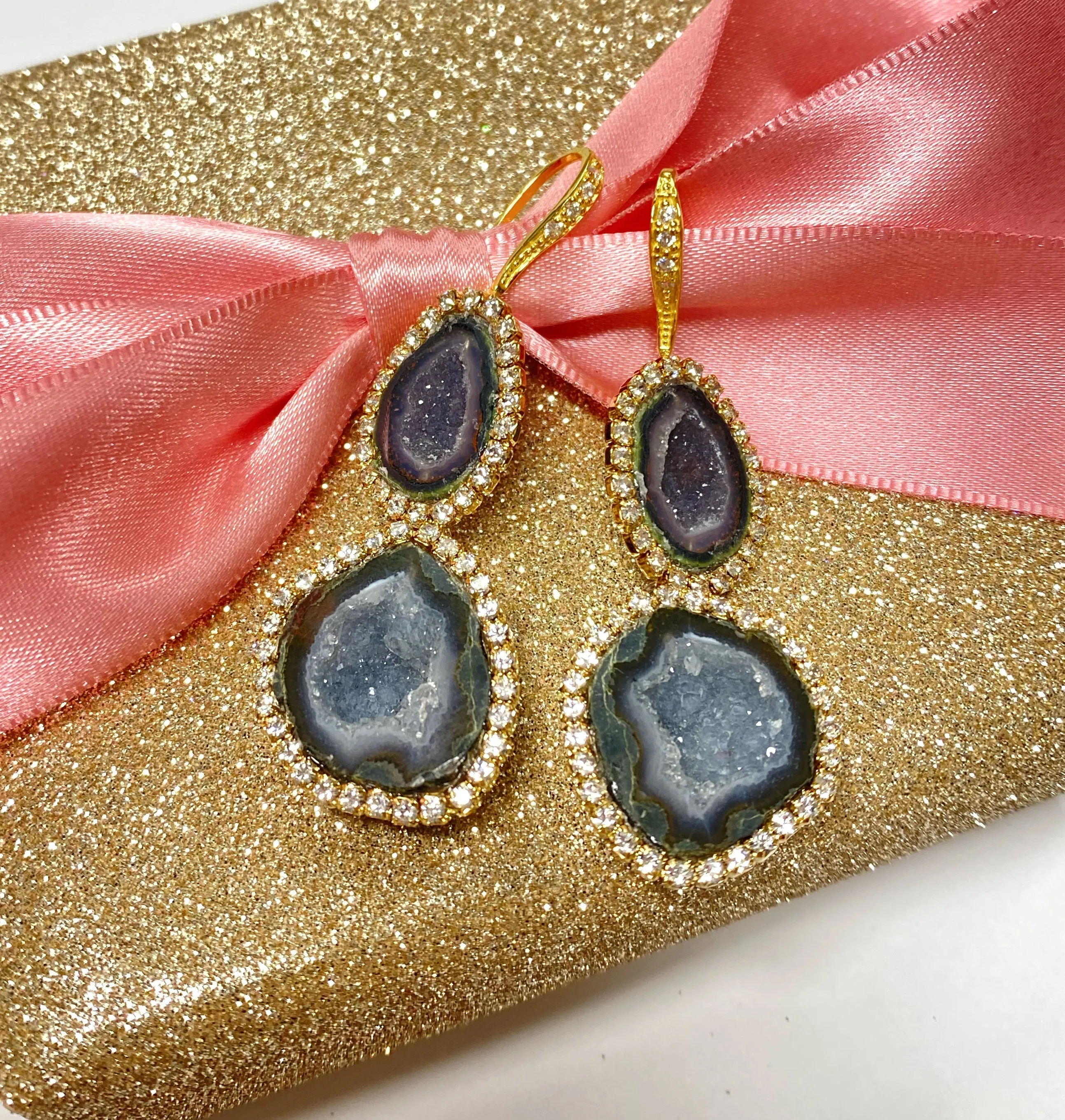 Silvery Gray Tabasco Geode Double Dangle Earrings Diamond Look