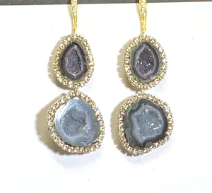 Silvery Gray Tabasco Geode Double Dangle Earrings Diamond Look