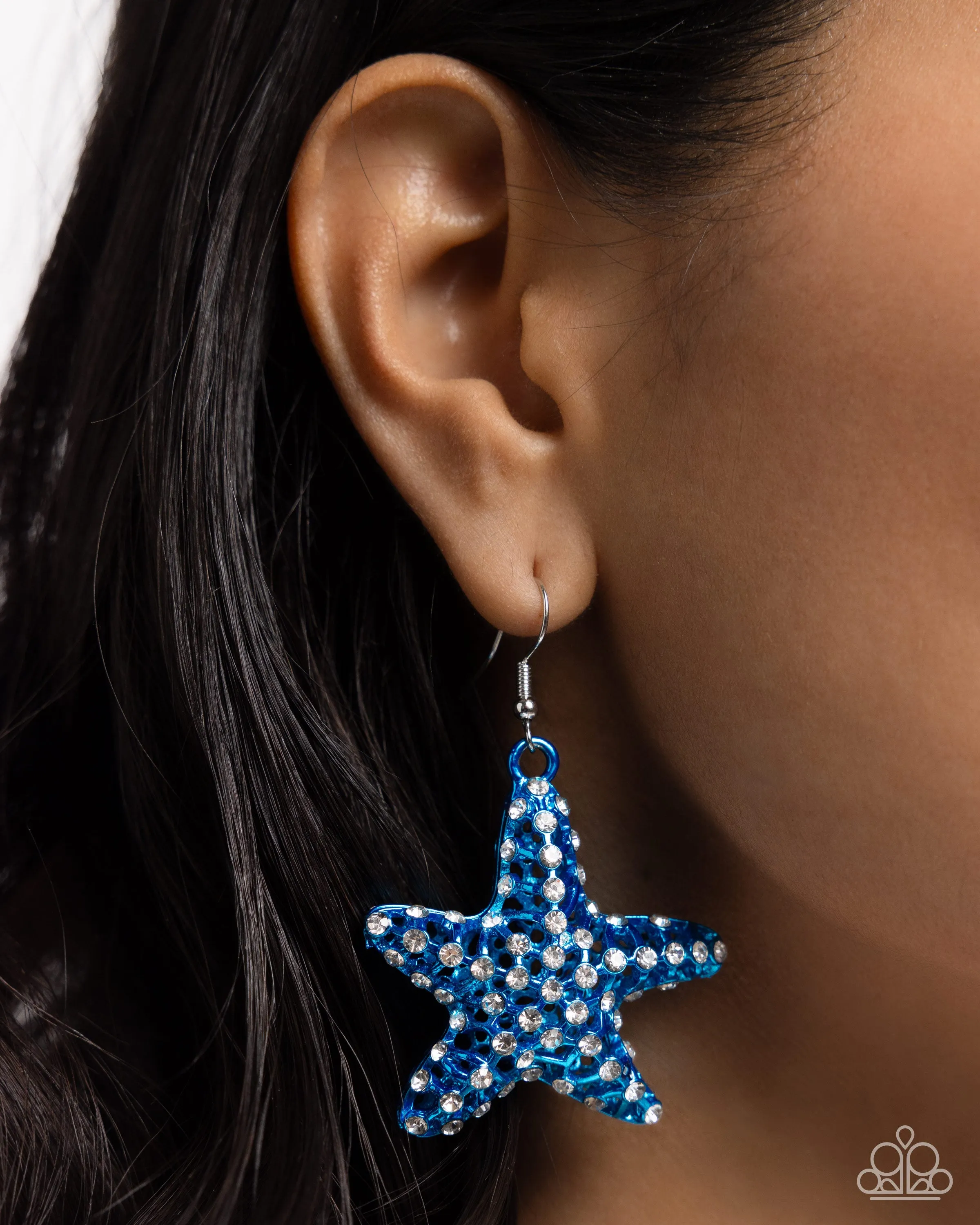 Skilled Starfish - Blue - White Rhinestone Encrusted Paparazzi Fishhook Earrings