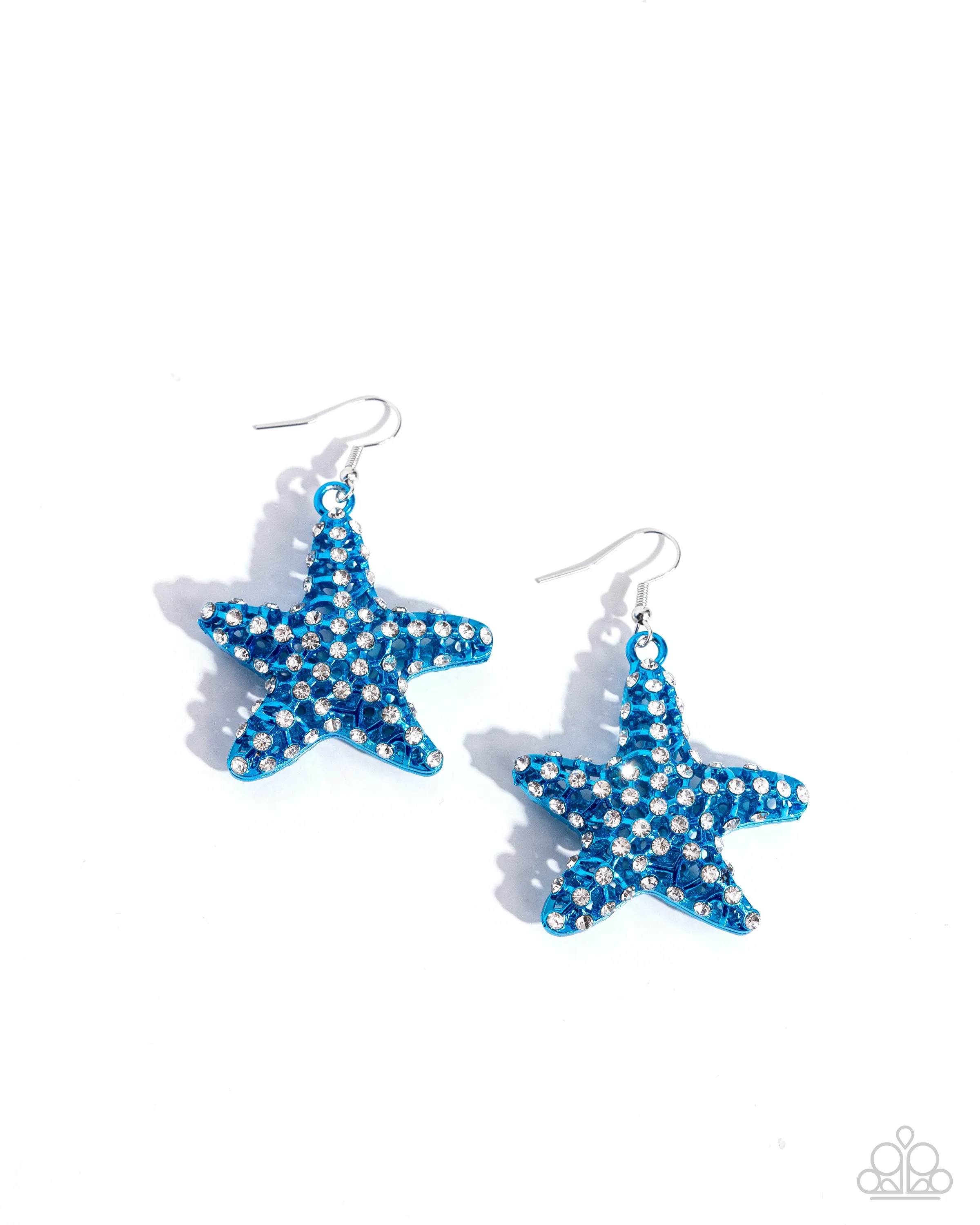 Skilled Starfish - Blue - White Rhinestone Encrusted Paparazzi Fishhook Earrings