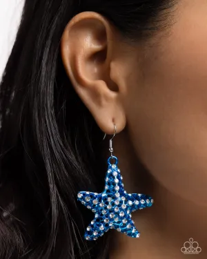 Skilled Starfish - Blue - White Rhinestone Encrusted Paparazzi Fishhook Earrings