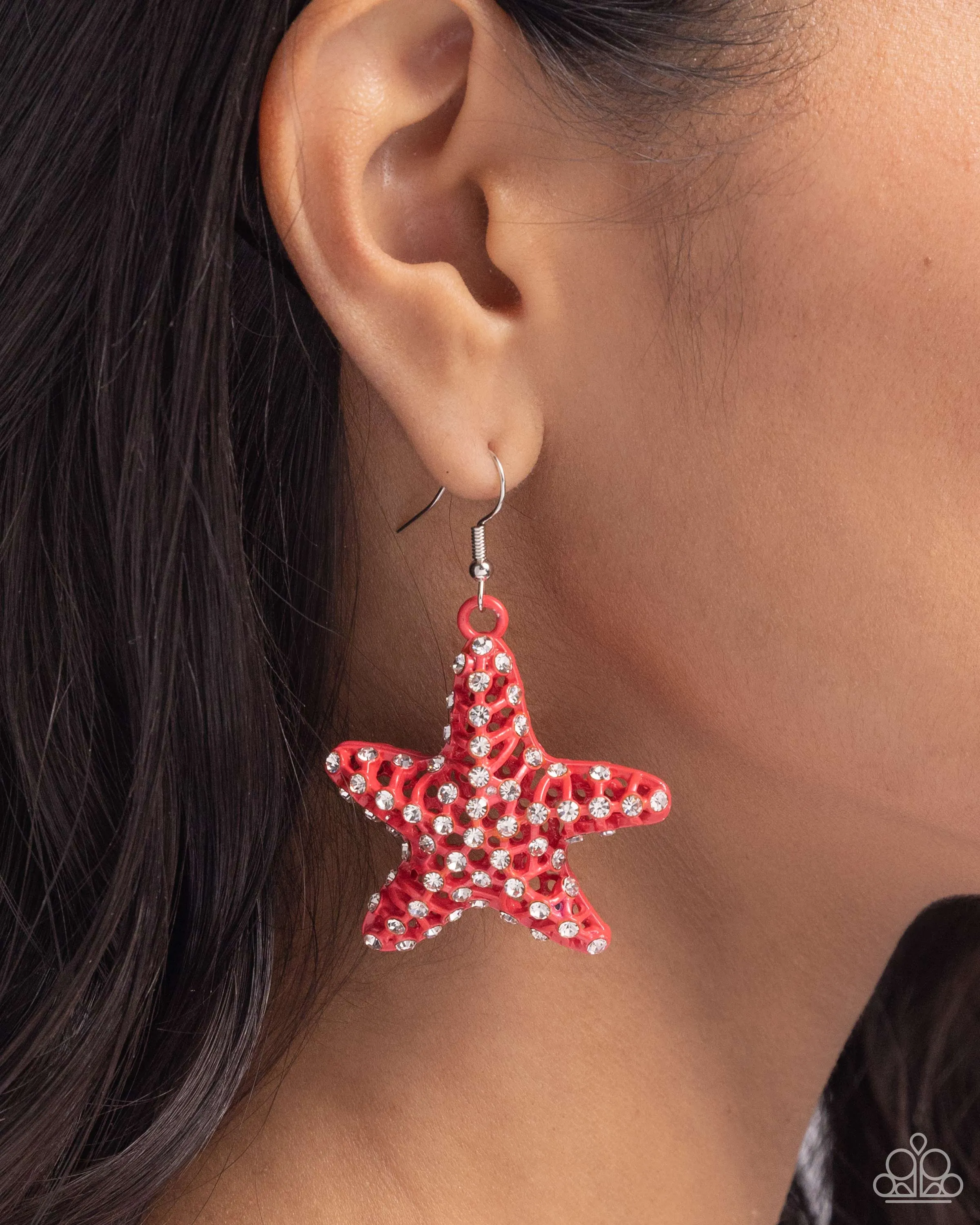 Skilled Starfish - Orange - White Rhinestone Encrusted Starfish Paparazzi Fishhook Earrings