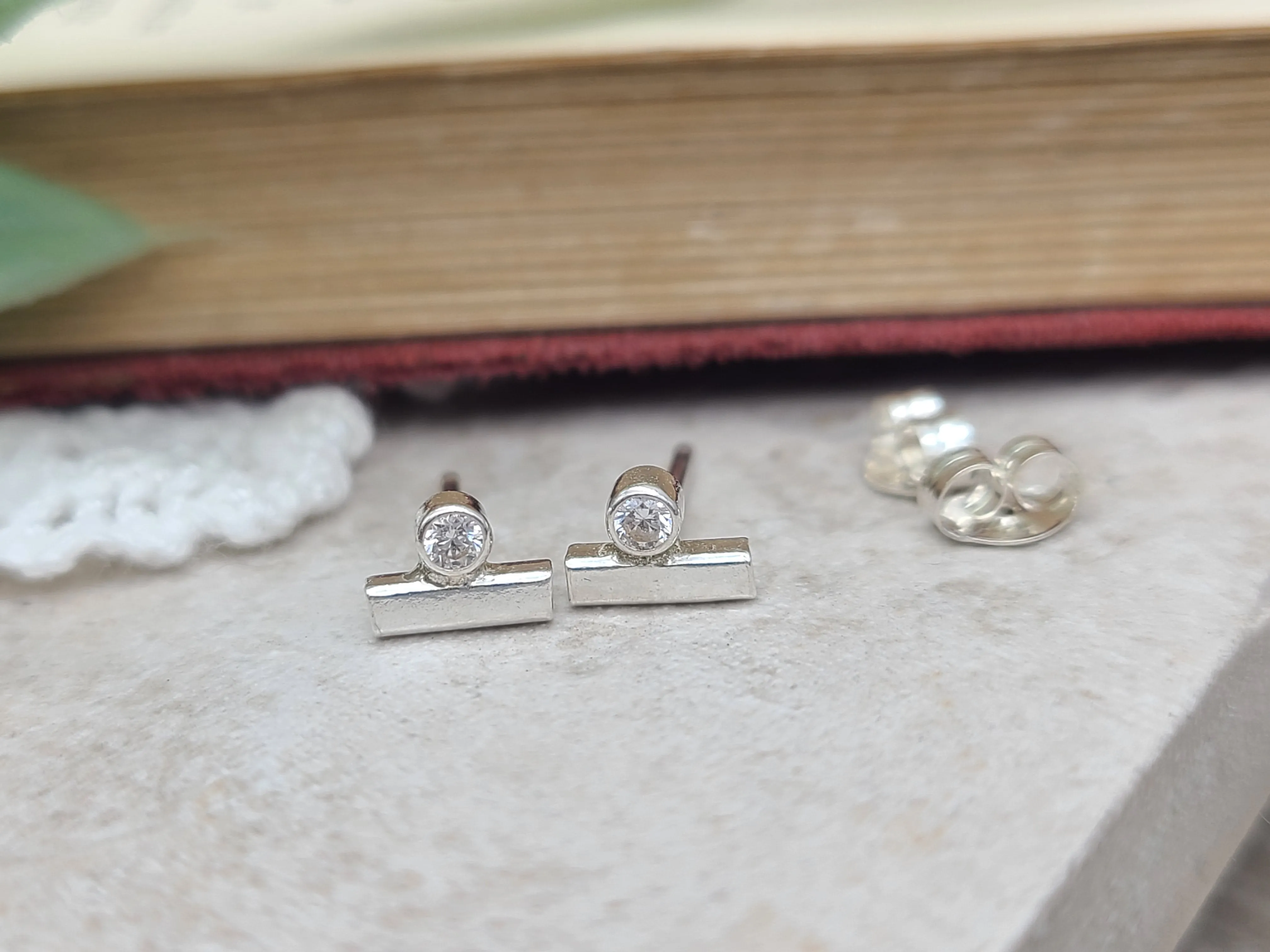 Small Sterling Bar and Swarovski Crystal Stud Earrings