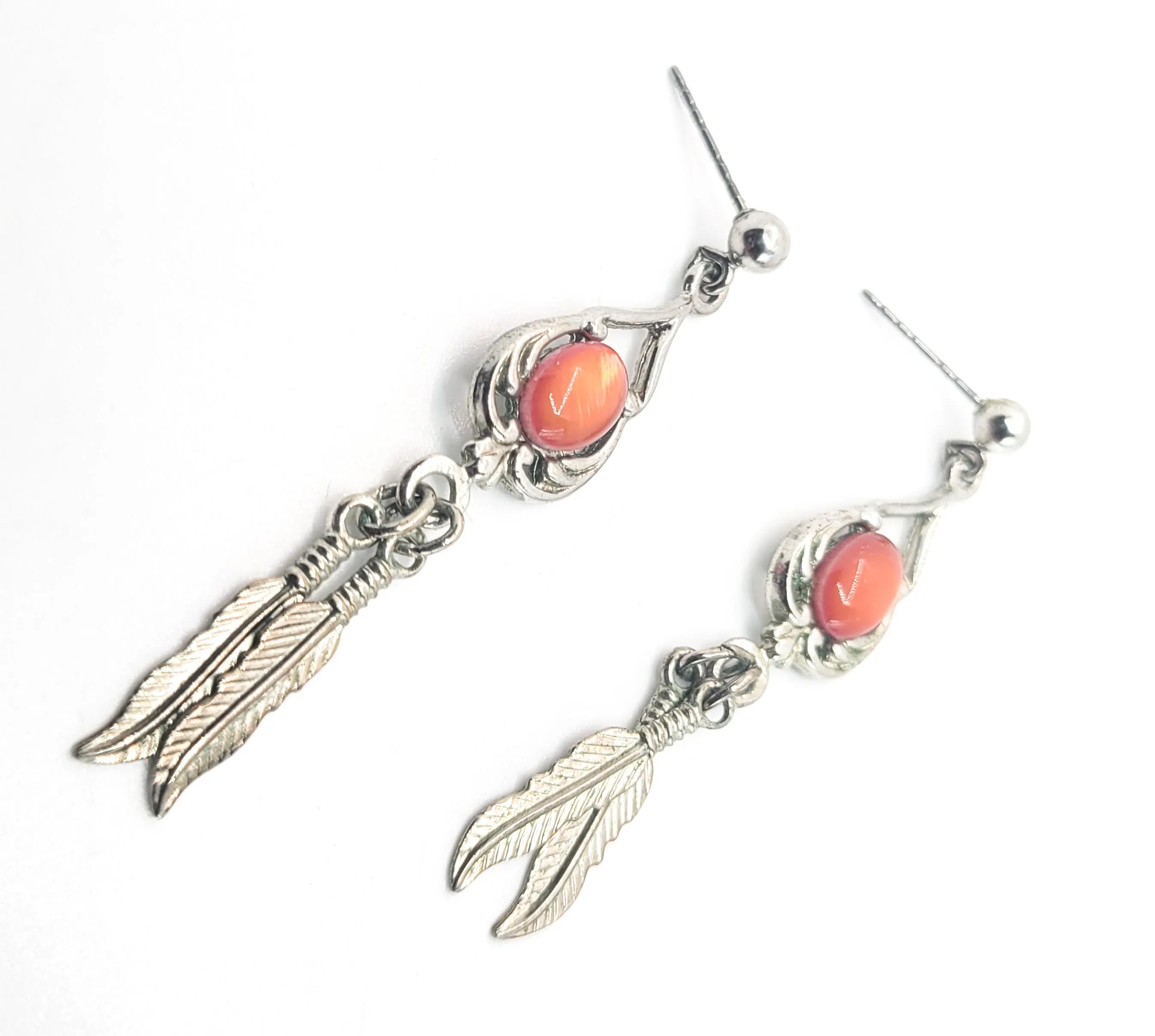 Spiny Oyster Southwestern style sterling silver long drop feather earrings