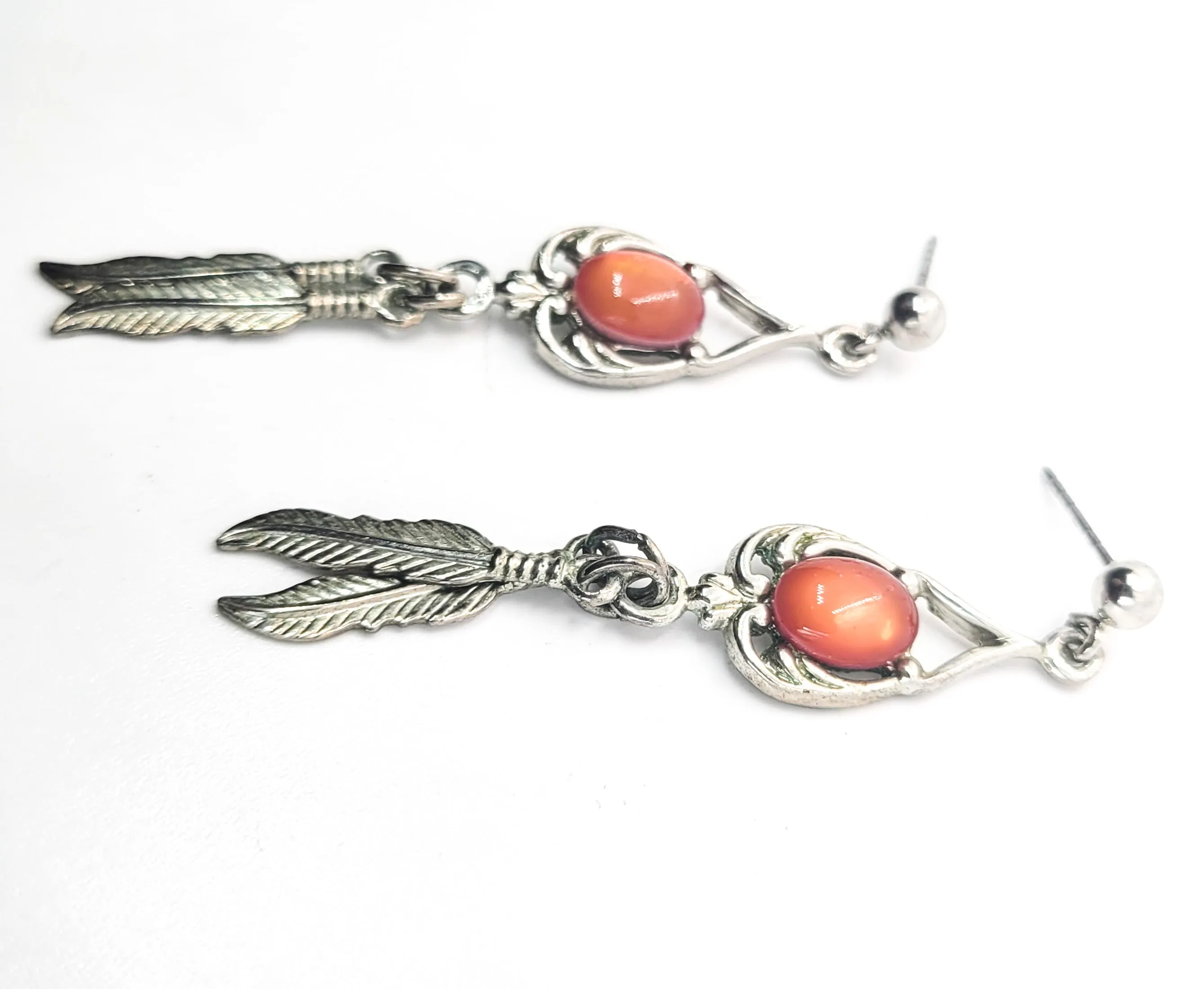 Spiny Oyster Southwestern style sterling silver long drop feather earrings