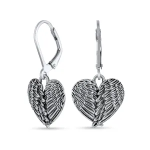 Spiritual Amulet Heart Guardian Angel Wings Feather Dangle Earrings Silver
