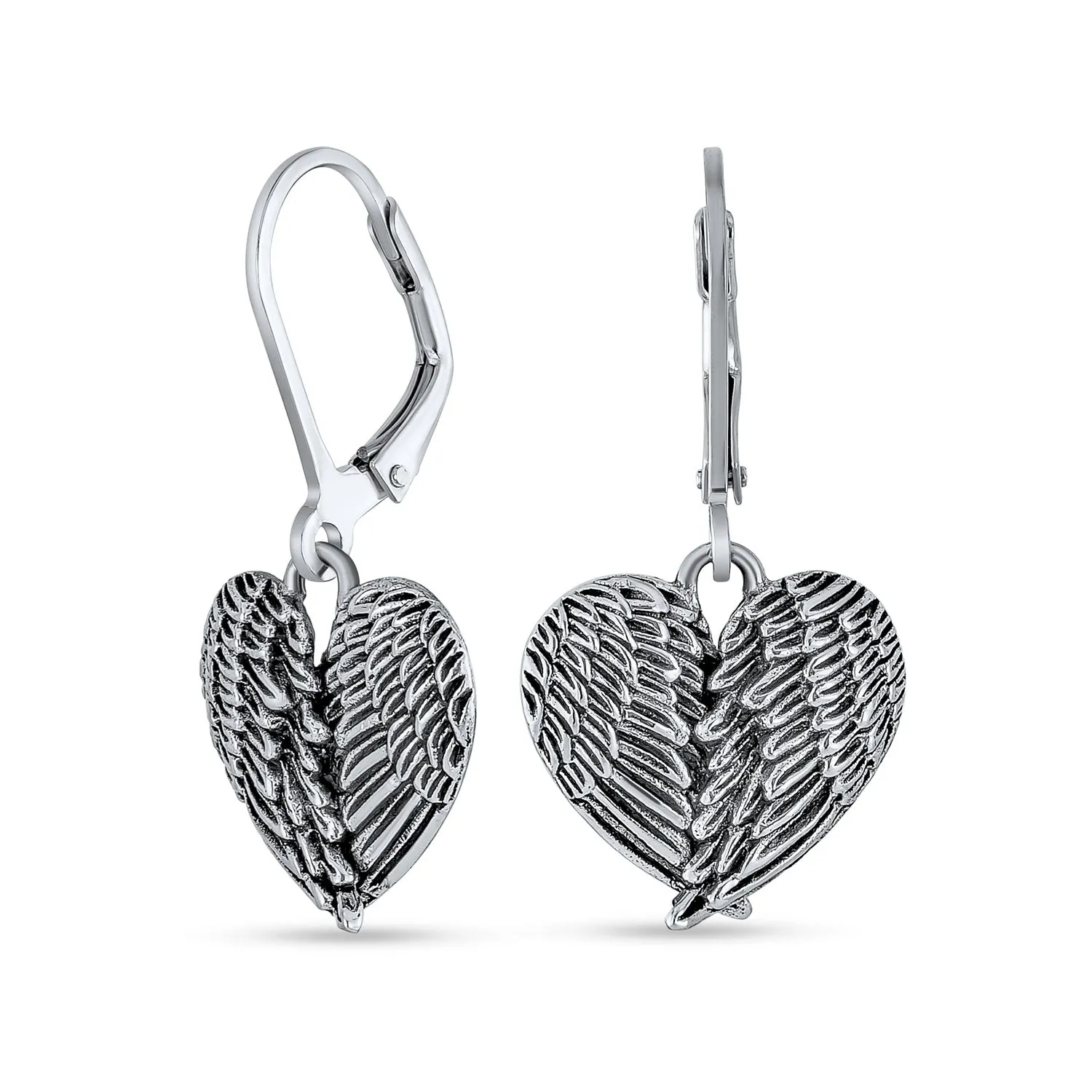 Spiritual Amulet Heart Guardian Angel Wings Feather Dangle Earrings Silver
