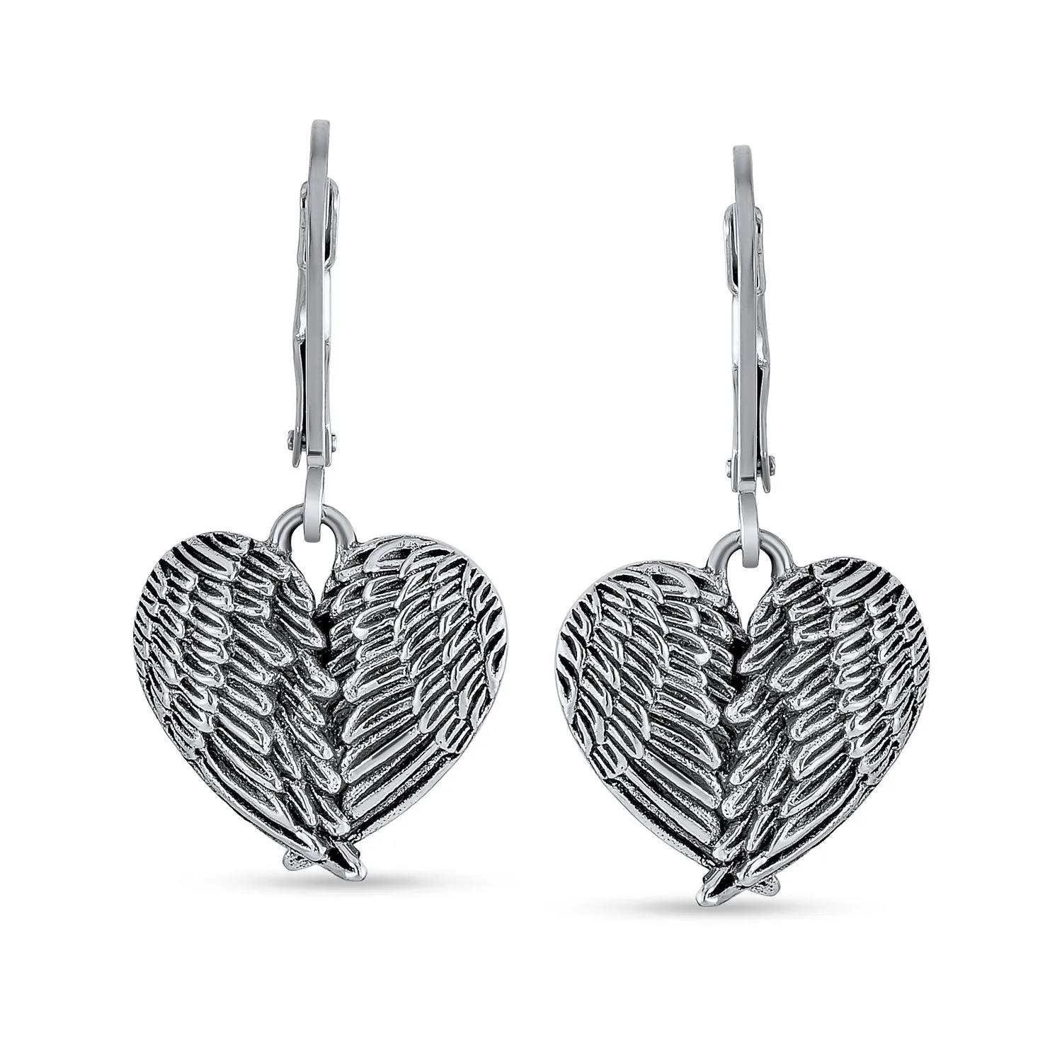 Spiritual Amulet Heart Guardian Angel Wings Feather Dangle Earrings Silver