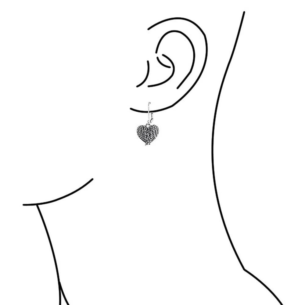 Spiritual Amulet Heart Guardian Angel Wings Feather Dangle Earrings Silver