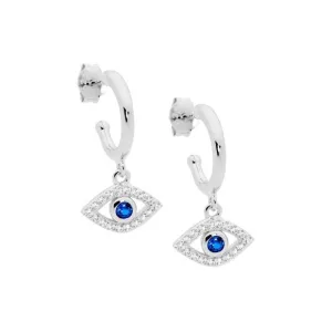 SS 13mm hoop earrings, wh & blue cz evil eye drop E571S
