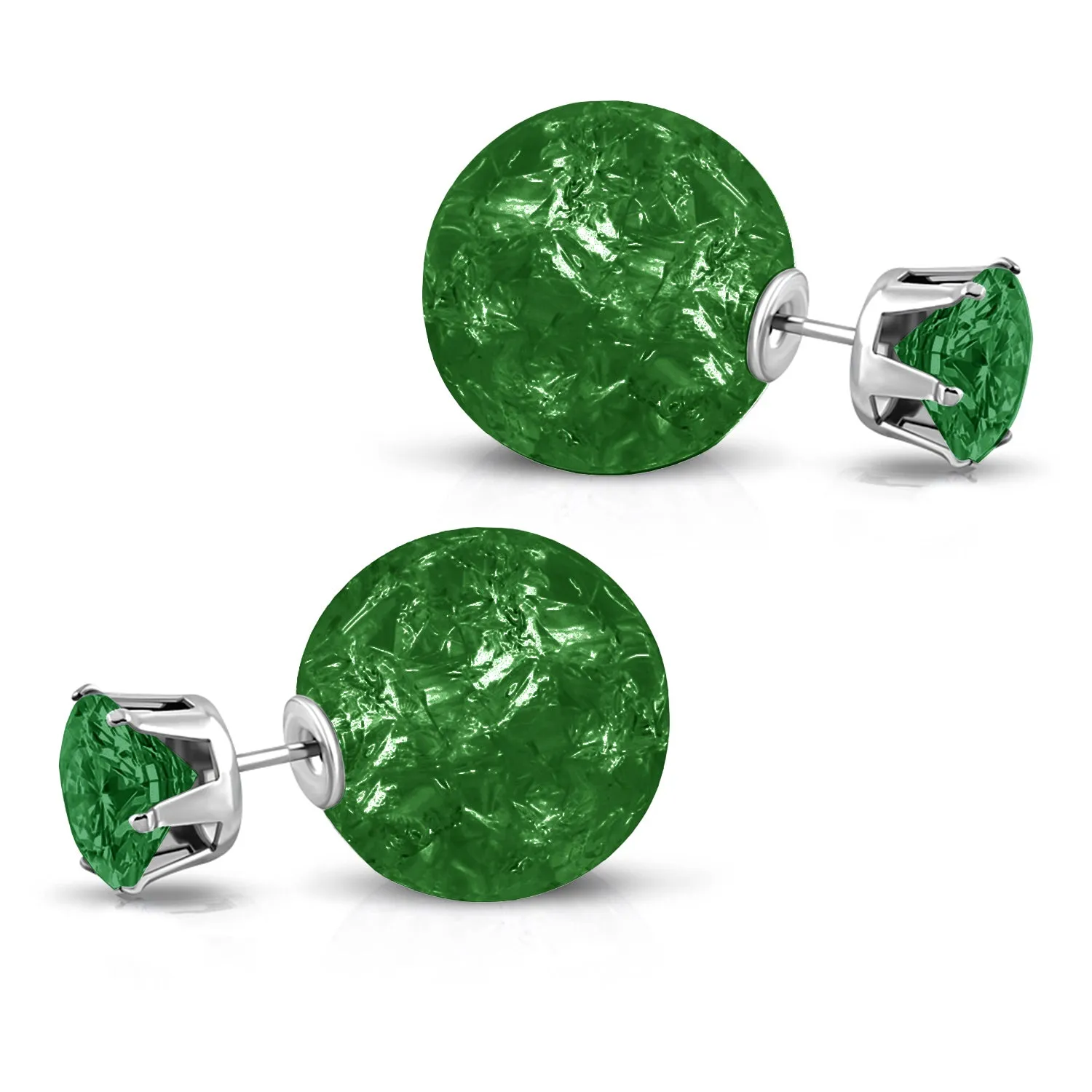 Stainless Steel Double Sided 8 MM CZ & 15 MM Crystal Candy Ball Stud Earrings