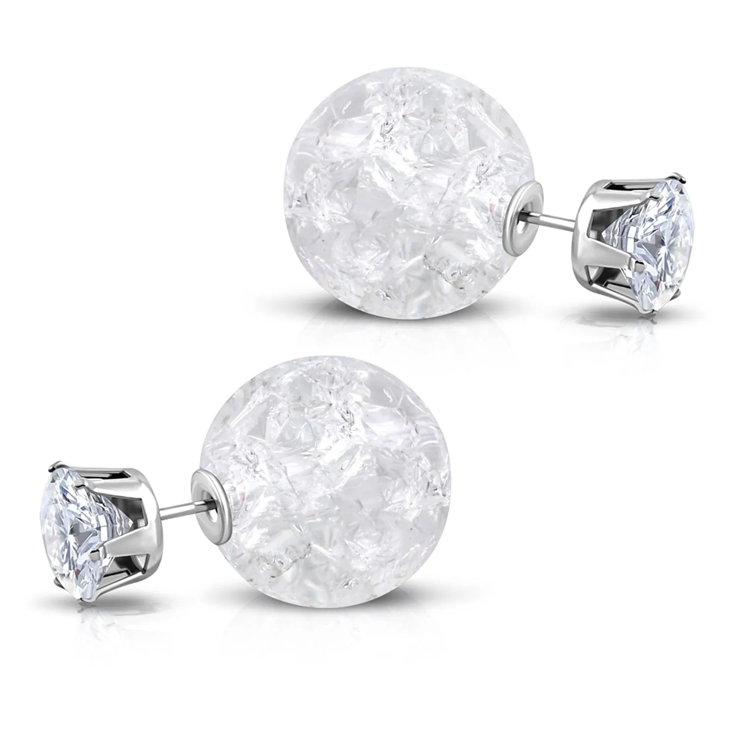 Stainless Steel Double Sided 8 MM CZ & 15 MM Crystal Candy Ball Stud Earrings