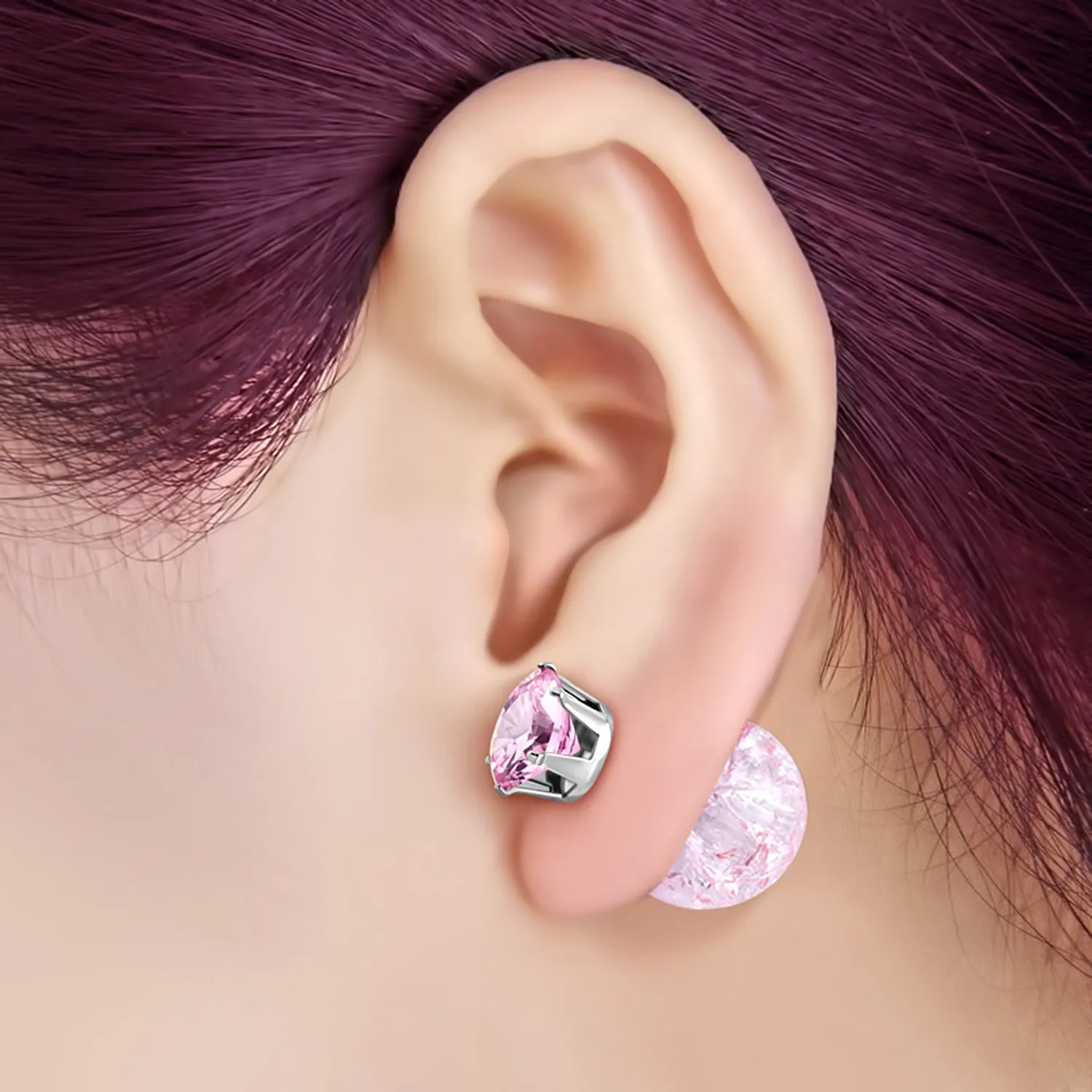 Stainless Steel Double Sided 8 MM CZ & 15 MM Crystal Candy Ball Stud Earrings