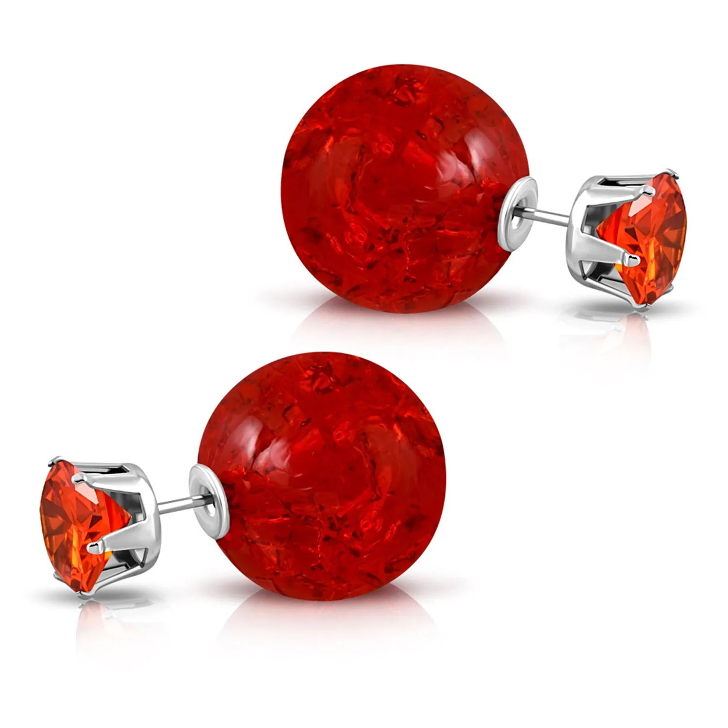Stainless Steel Double Sided 8 MM CZ & 15 MM Crystal Candy Ball Stud Earrings