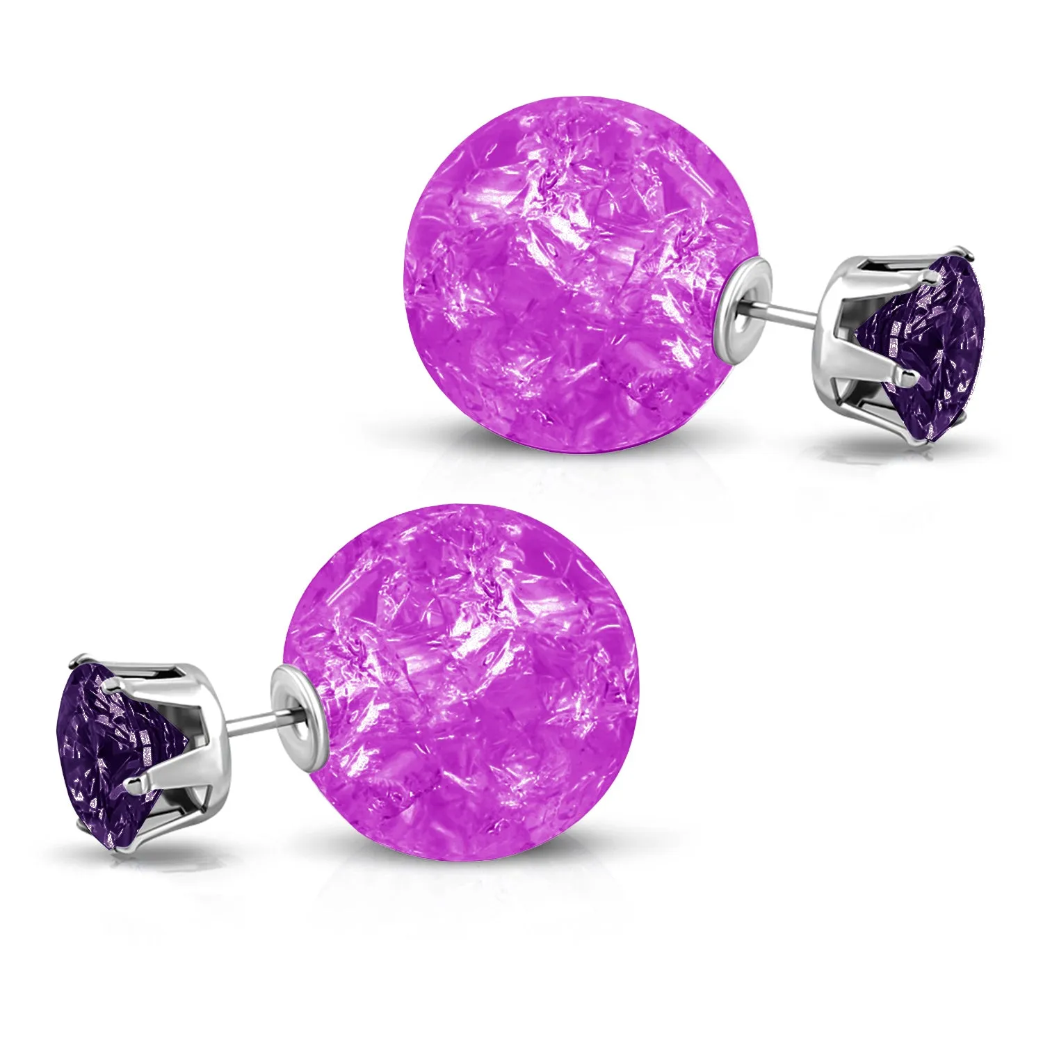Stainless Steel Double Sided 8 MM CZ & 15 MM Crystal Candy Ball Stud Earrings