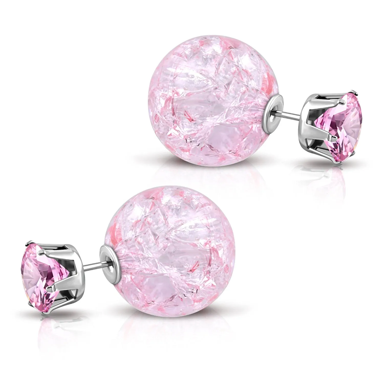 Stainless Steel Double Sided 8 MM CZ & 15 MM Crystal Candy Ball Stud Earrings