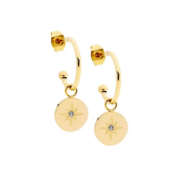 Stainless Steel Gold IP Plating Hoop Earrings with Cubic Zirconia Star on Disk Drop 16mm SE238G