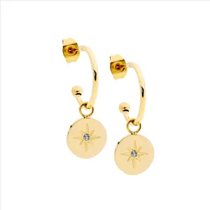 Stainless Steel Gold IP Plating Hoop Earrings with Cubic Zirconia Star on Disk Drop 16mm SE238G