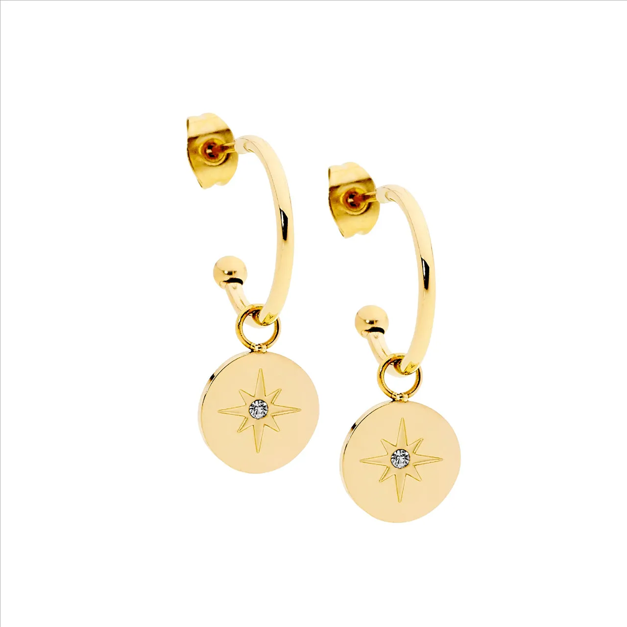 Stainless Steel Gold IP Plating Hoop Earrings with Cubic Zirconia Star on Disk Drop 16mm SE238G