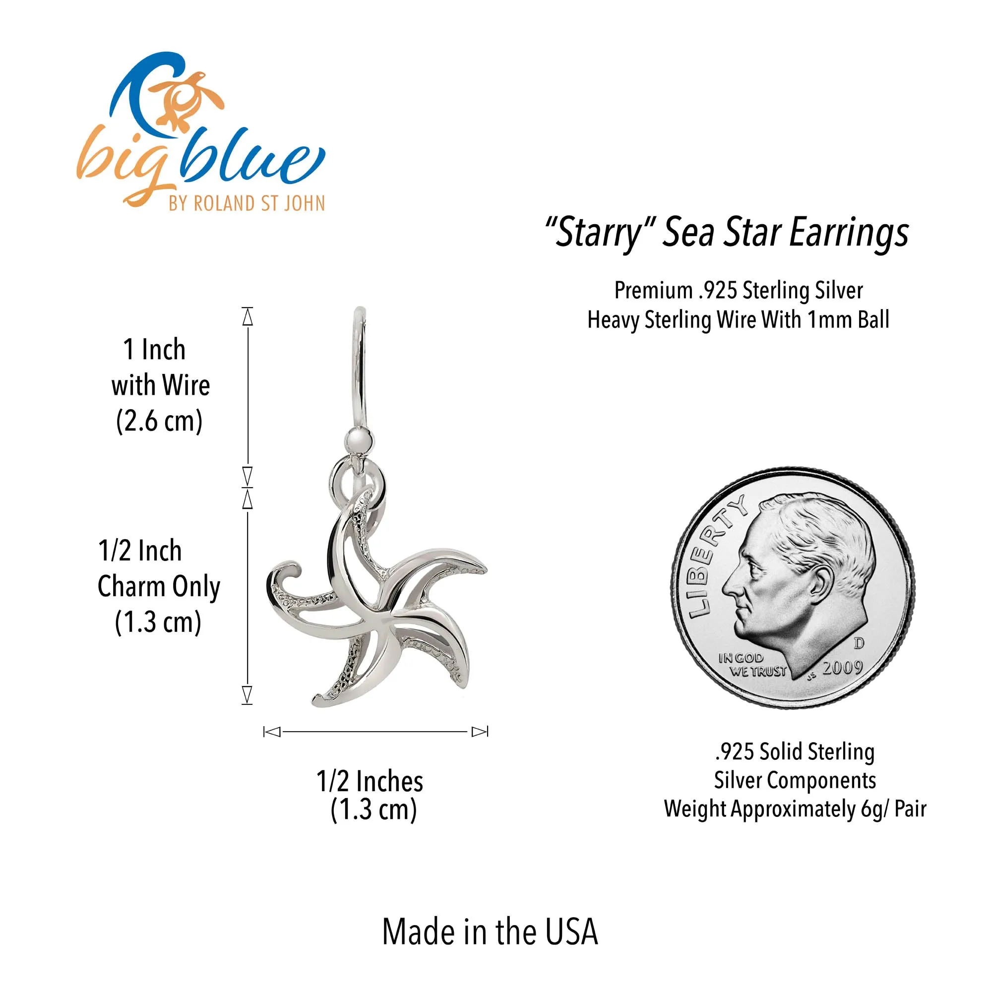 Starfish Drop Earrings Sterling Silver- Small Sea Star Earrings, Small Starfish Dangle Earring Charms, Sea Star Jewelry Sterling Silver