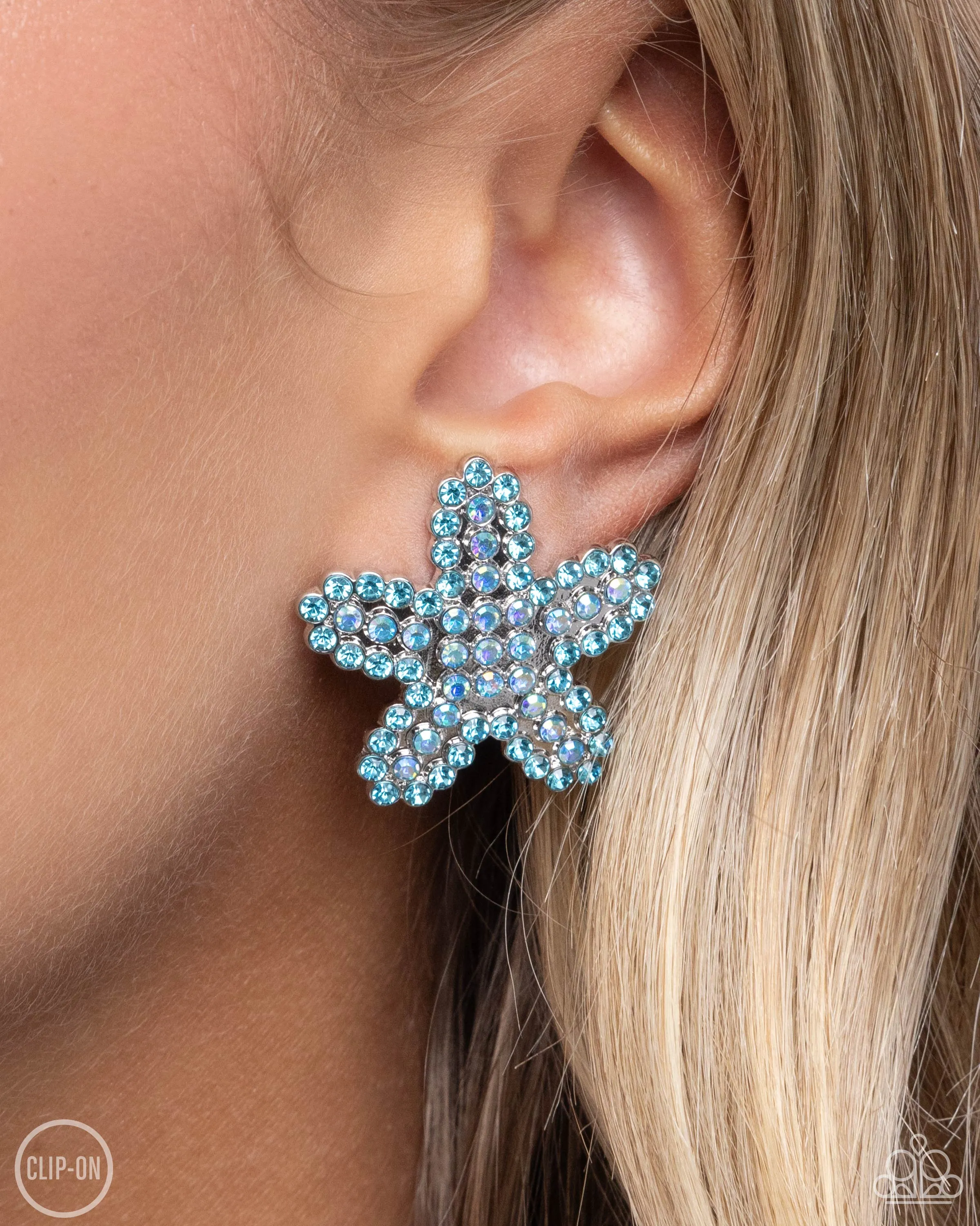 Starfish Serenade - Blue - and Iridescent Rhinestone Paparazzi Clip-On Earrings