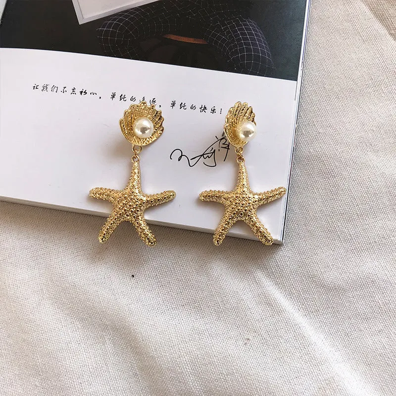 Starfish Shell Pearl Earrings Retro Earrings Trend Earrings