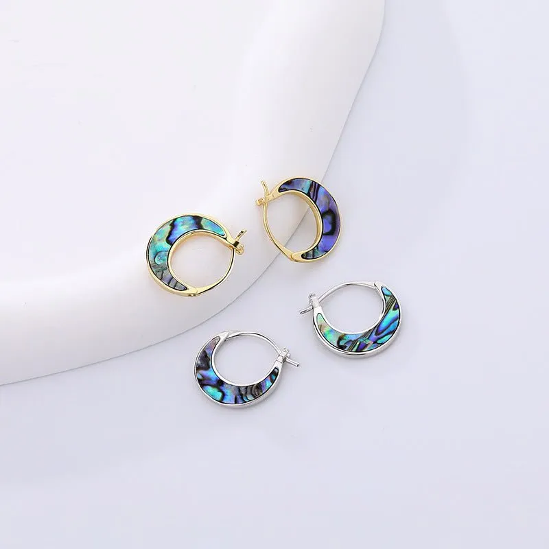 Sterling Silver Abalone ShellEarrings Turquoise Moon Hoop Earrings