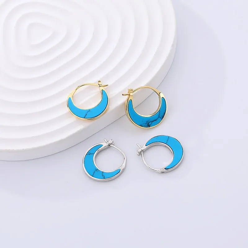 Sterling Silver Abalone ShellEarrings Turquoise Moon Hoop Earrings