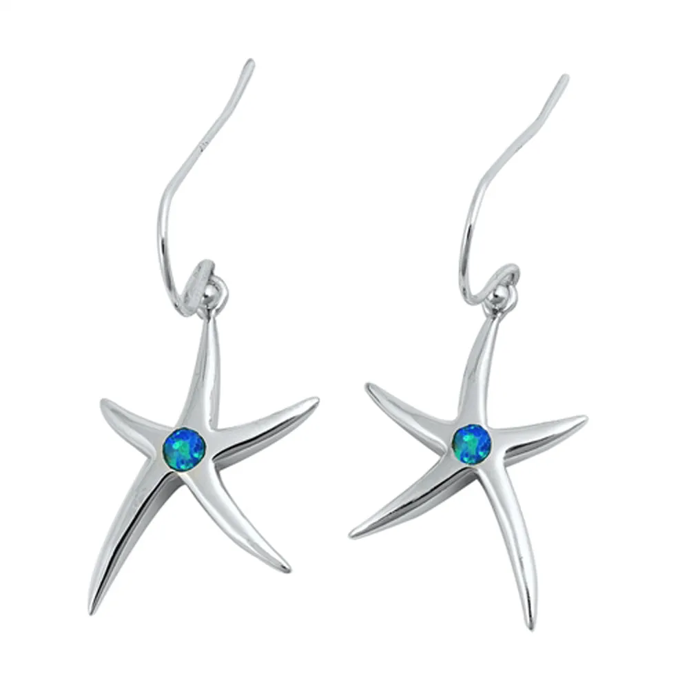 Sterling Silver Beach Starfish Star Ocean Sea Shell Earrings Blue Synthetic Opal