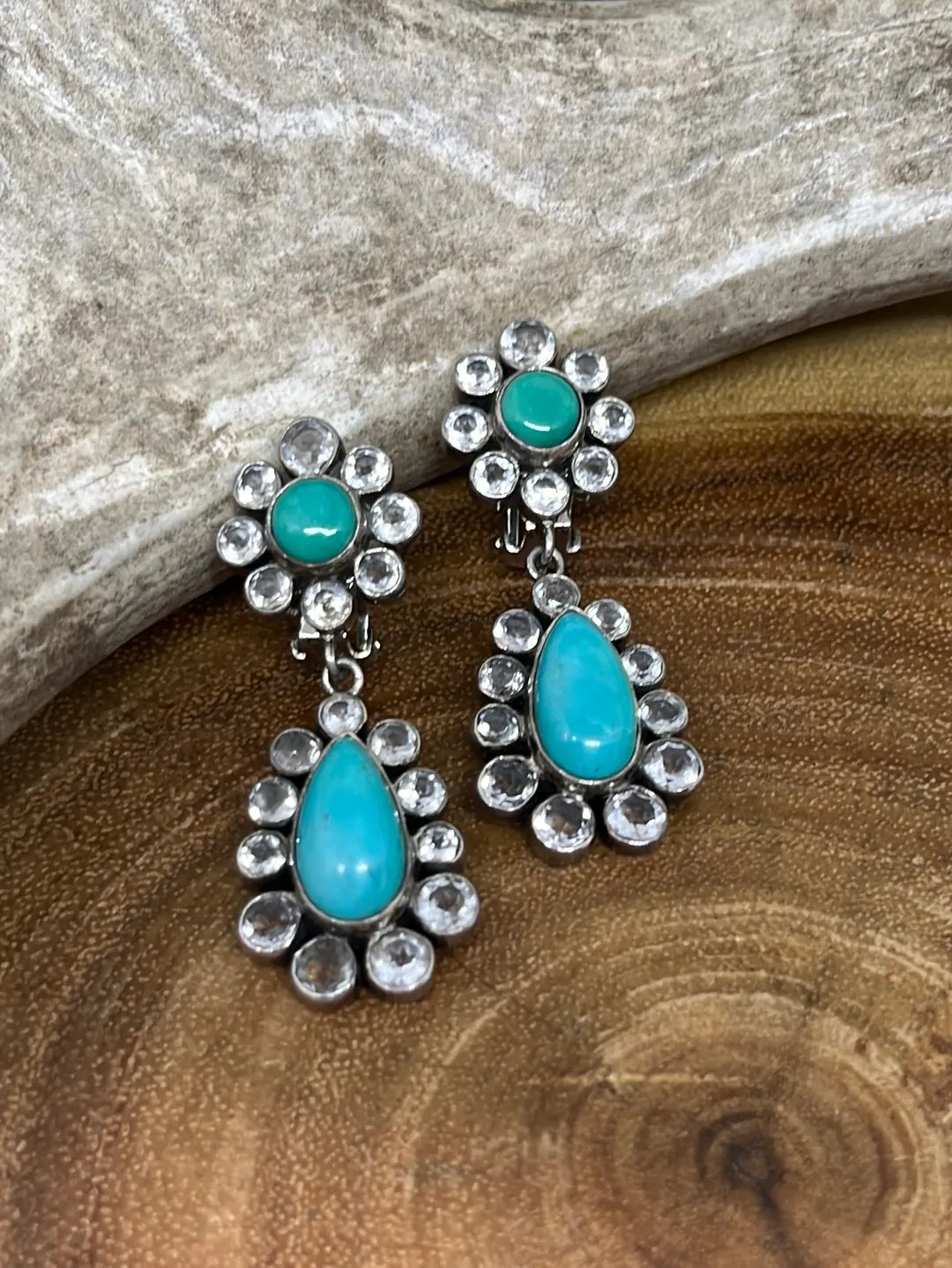 Sterling Silver Crystal & Turquoise Clip Earrings