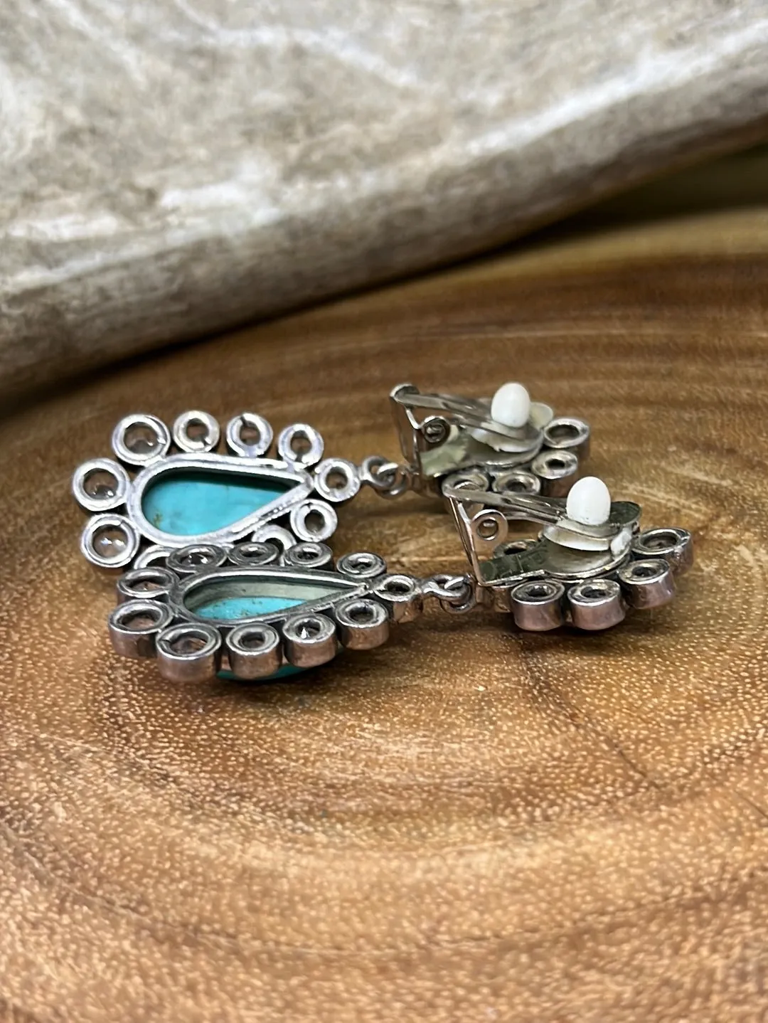 Sterling Silver Crystal & Turquoise Clip Earrings