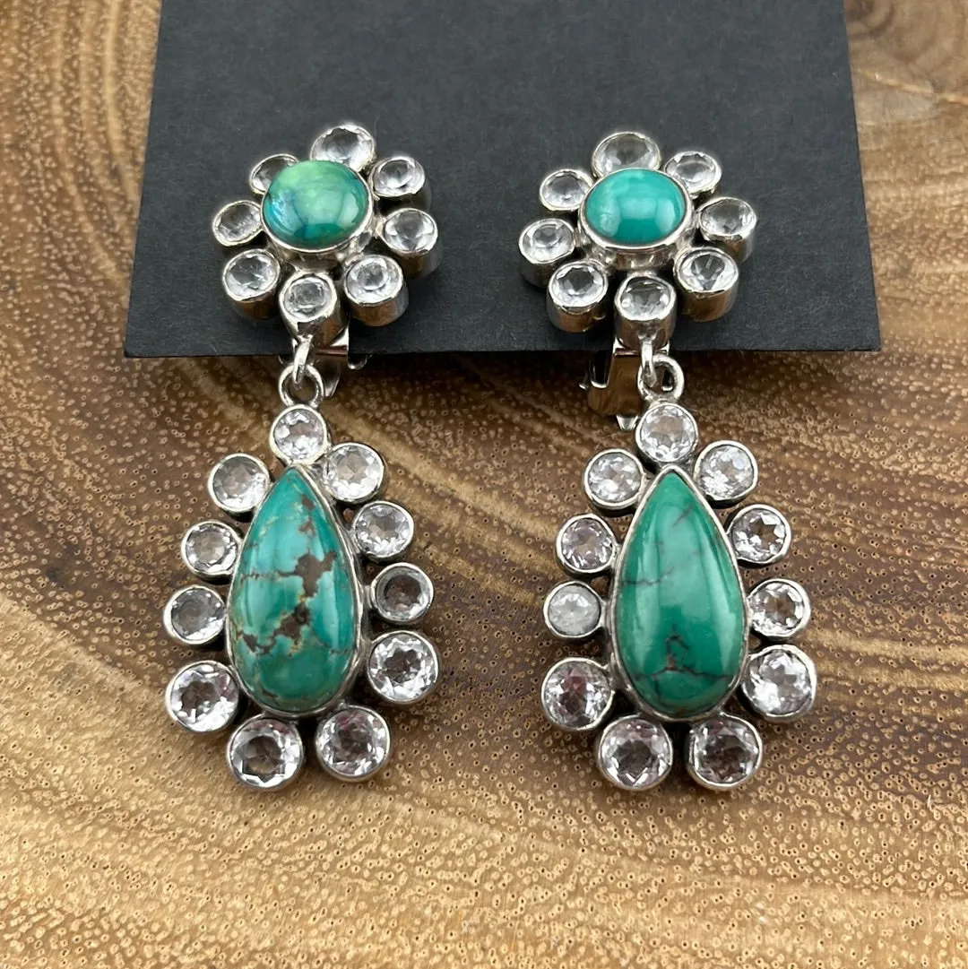 Sterling Silver Crystal & Turquoise Clip Earrings