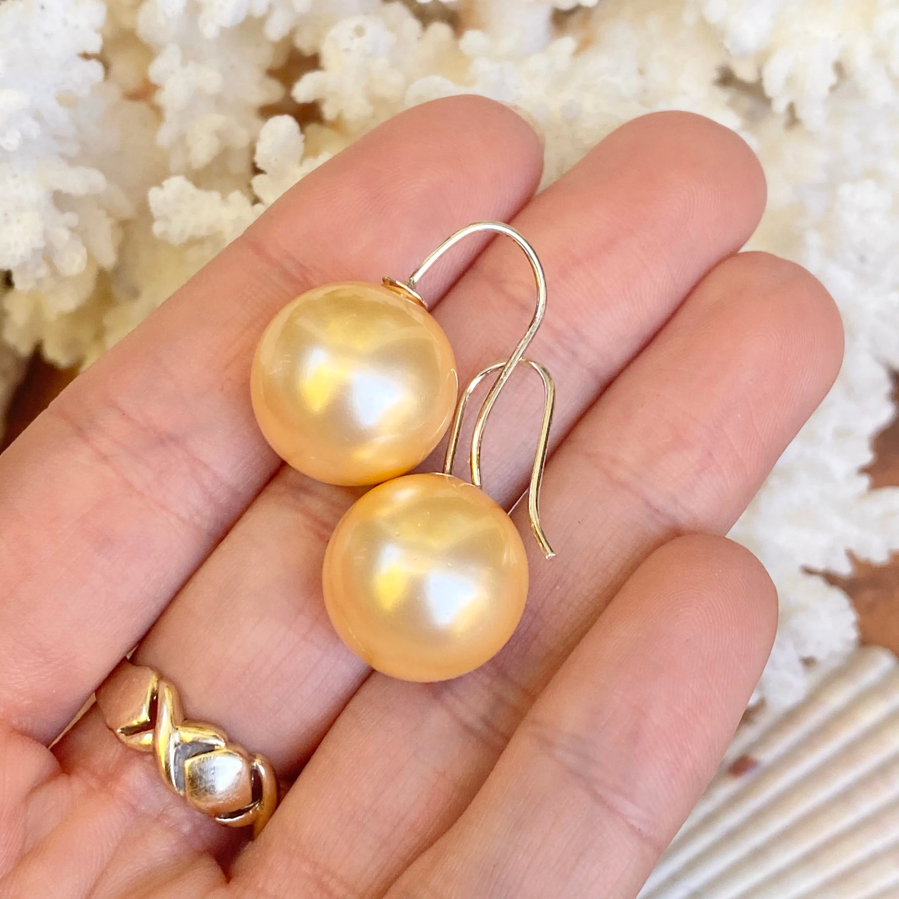 Sterling Silver Euro Wire Cream Shell Pearl Ball Earrings 16mm