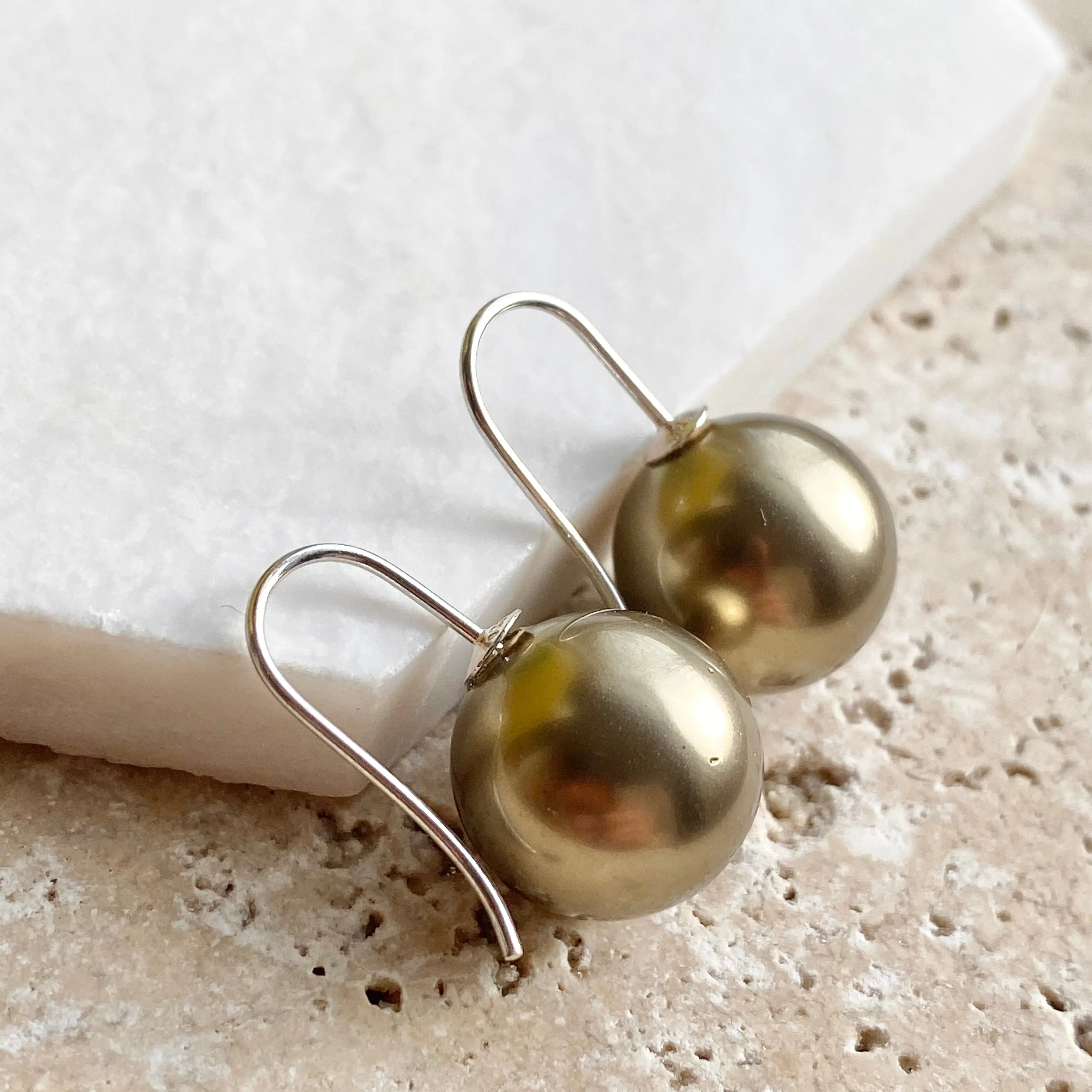 Sterling Silver Euro Wire Olive Green Shell Pearl Ball Earrings 16mm