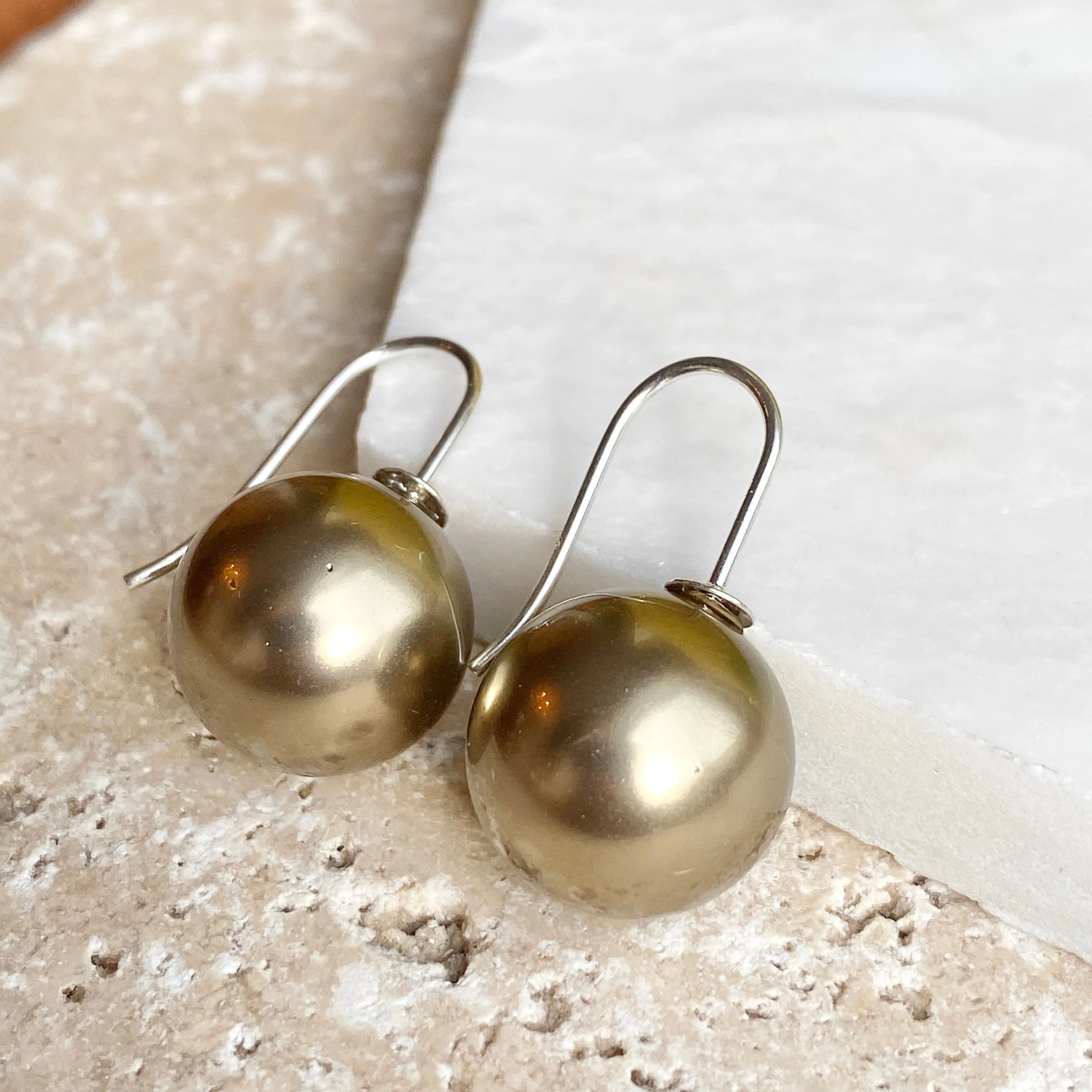 Sterling Silver Euro Wire Olive Green Shell Pearl Ball Earrings 16mm