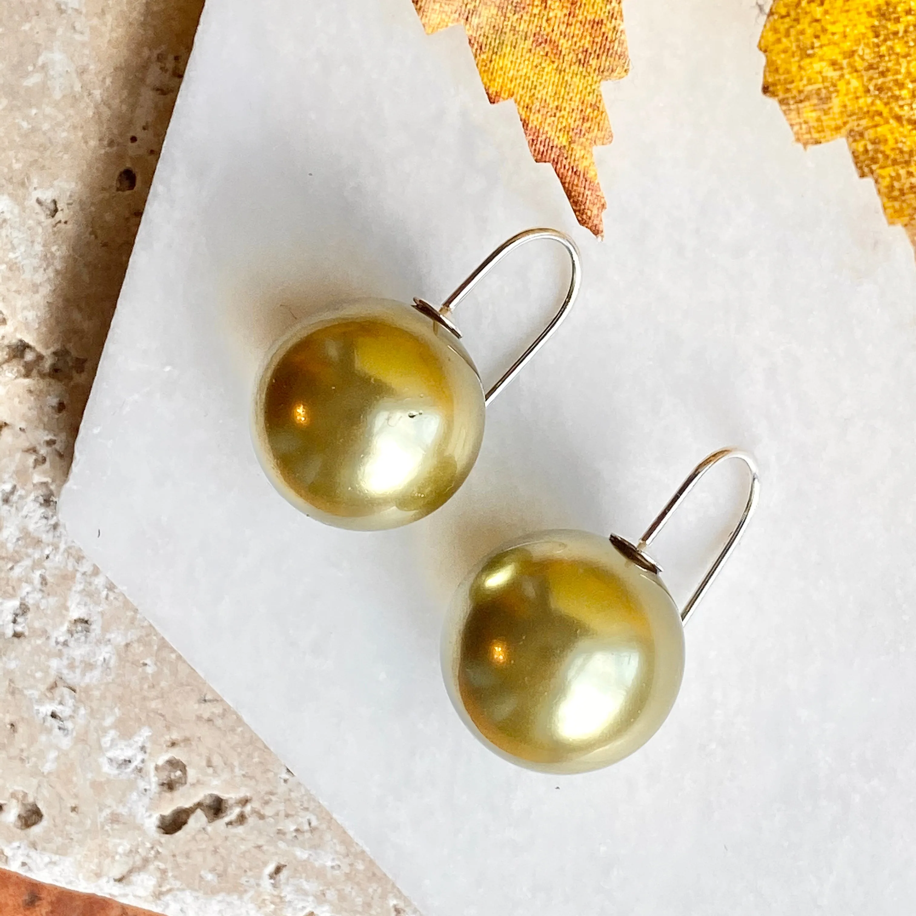 Sterling Silver Euro Wire Olive Green Shell Pearl Ball Earrings 16mm
