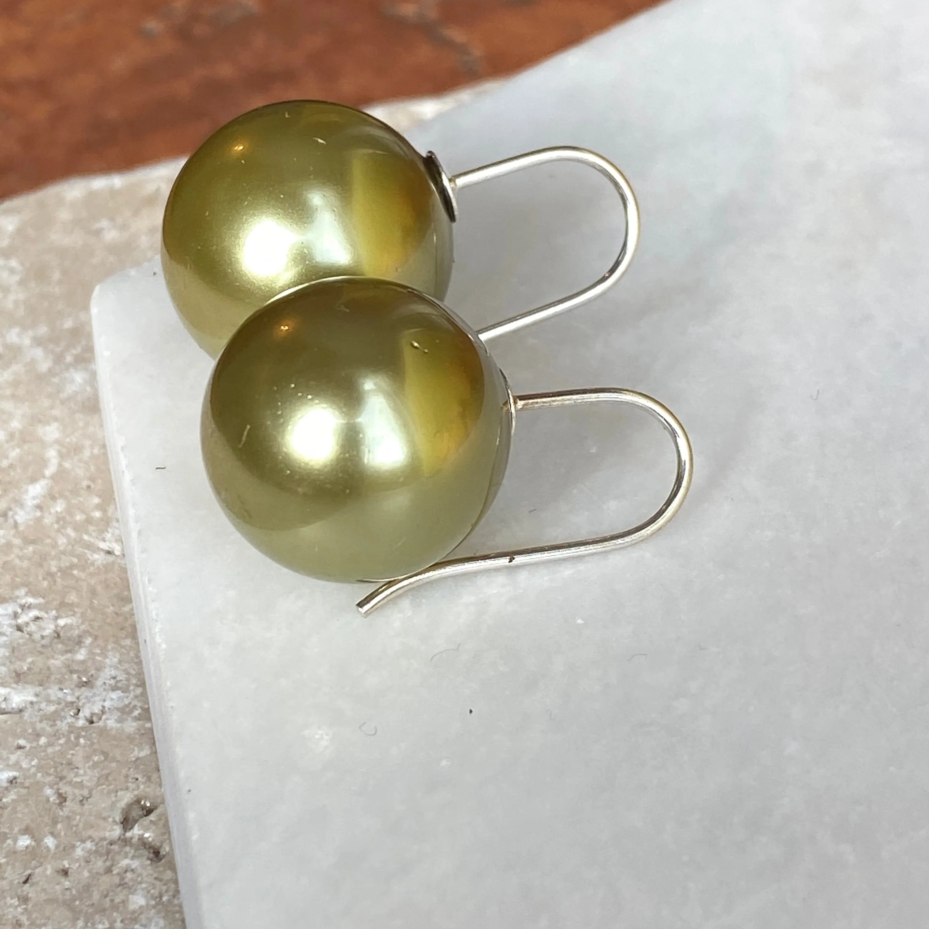 Sterling Silver Euro Wire Olive Green Shell Pearl Ball Earrings 16mm