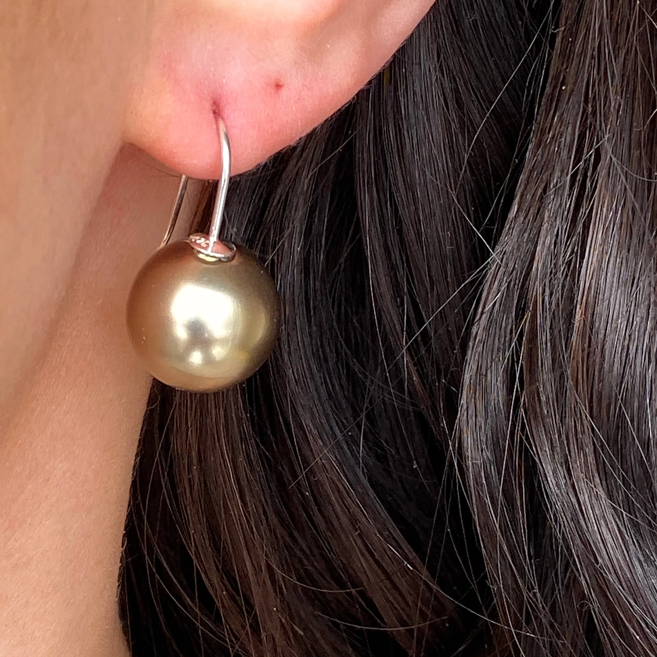 Sterling Silver Euro Wire Olive Green Shell Pearl Ball Earrings 16mm