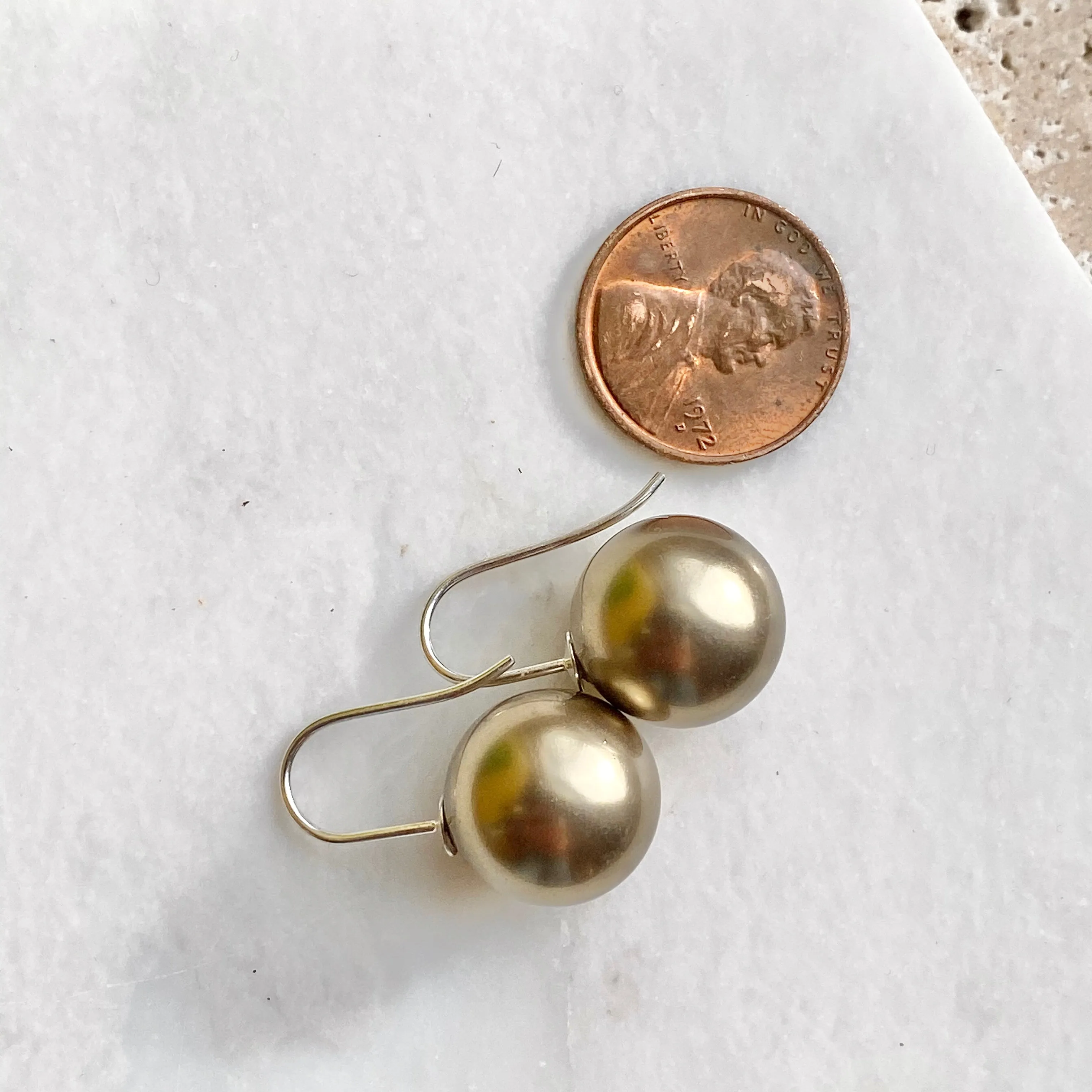 Sterling Silver Euro Wire Olive Green Shell Pearl Ball Earrings 16mm