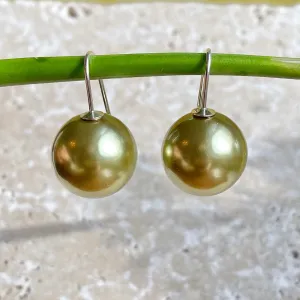 Sterling Silver Euro Wire Olive Green Shell Pearl Ball Earrings 16mm