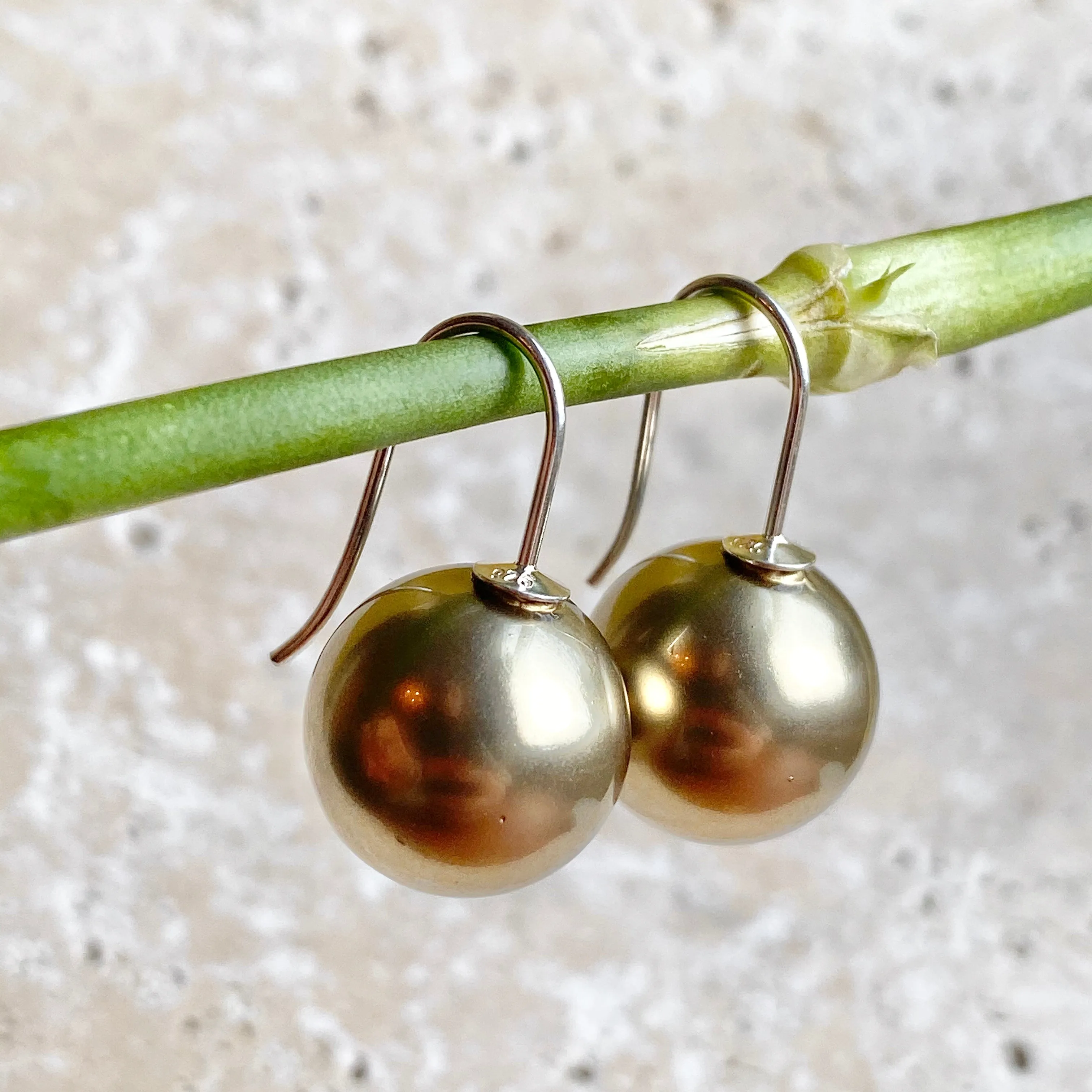 Sterling Silver Euro Wire Olive Green Shell Pearl Ball Earrings 16mm