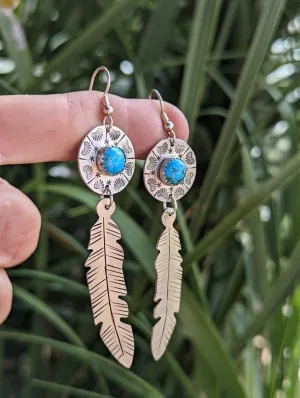Sterling silver feather and shield earrings featuring 8mm Kingman mine turquoise and long dangle
