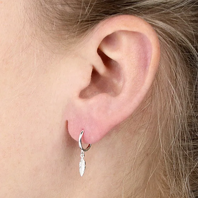 Sterling Silver Feather Charm Hoop Earrings
