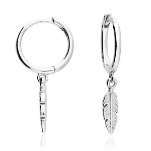 Sterling Silver Feather Charm Hoop Earrings
