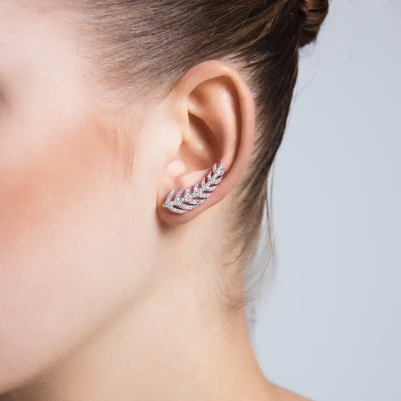 Sterling Silver Feather Ear Cuffs & Climber Earrings - Handmade, CZ Crystals, 18K Gold Plated